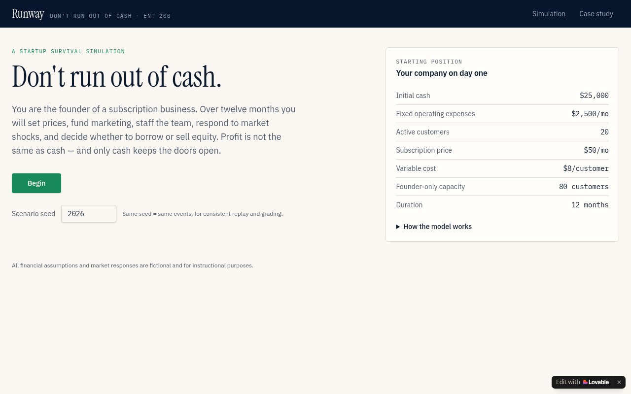 Screenshot of the Runway: Don’t Run Out of Cash simulation