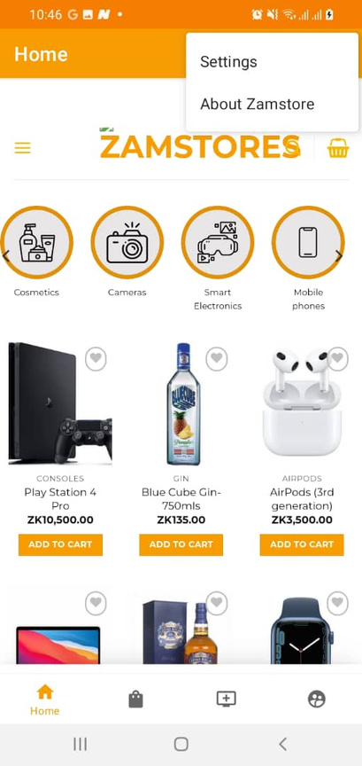 ZamStores mobile app: product catalog screen