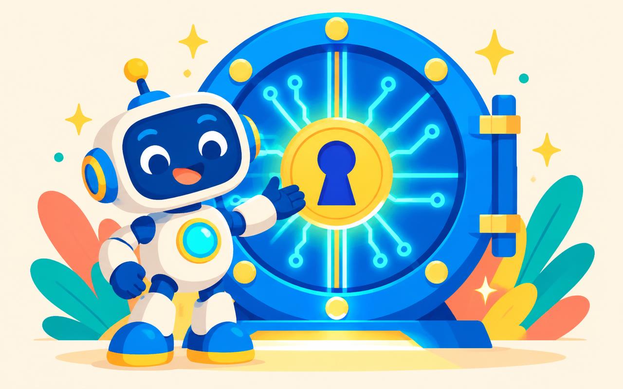 Illustration of a friendly robot in front of a glowing digital vault, for the Escape the AI Lab game