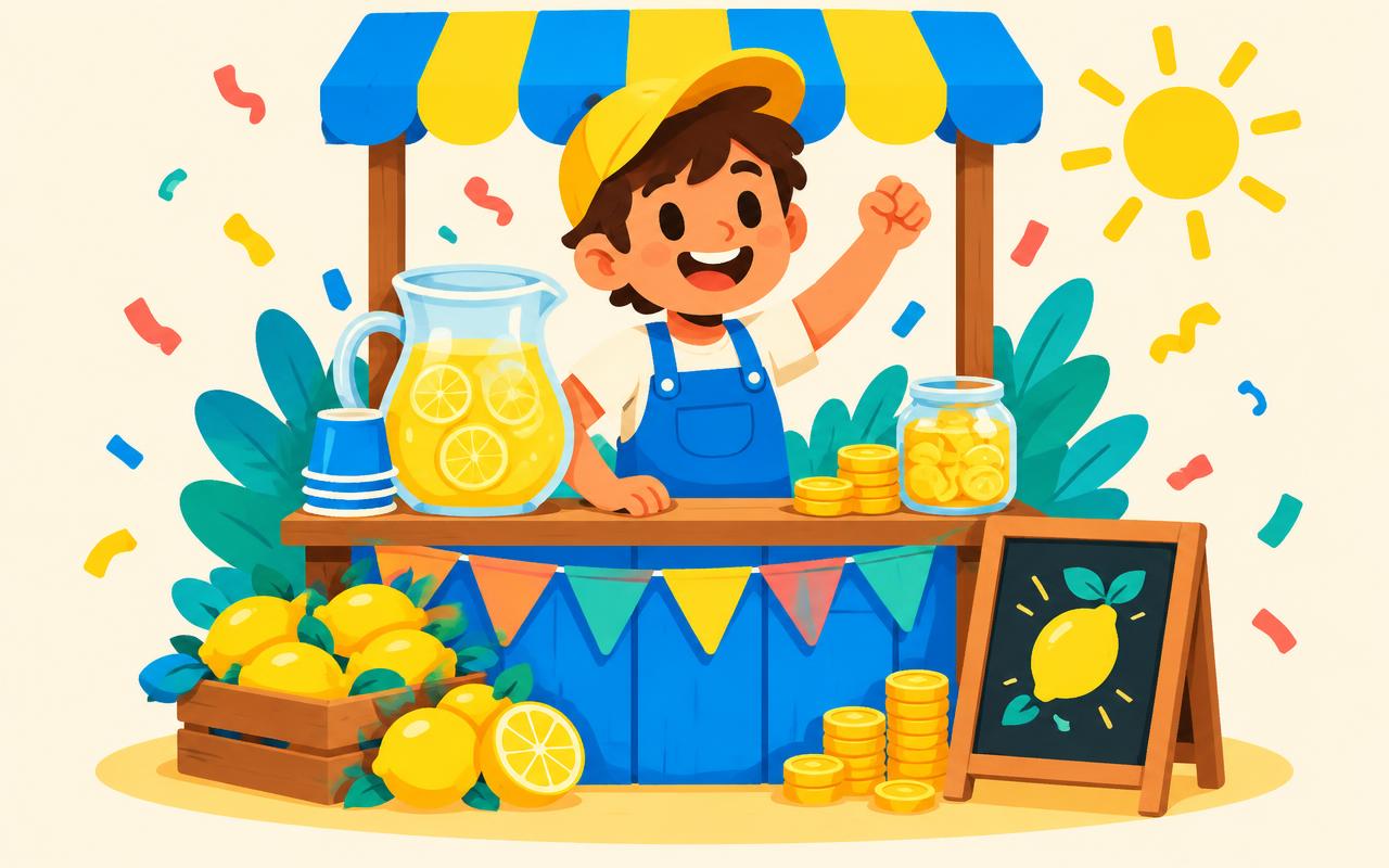 Illustration of a cheerful lemonade stand entrepreneur, for Maya’s Lemonade Empire business simulation