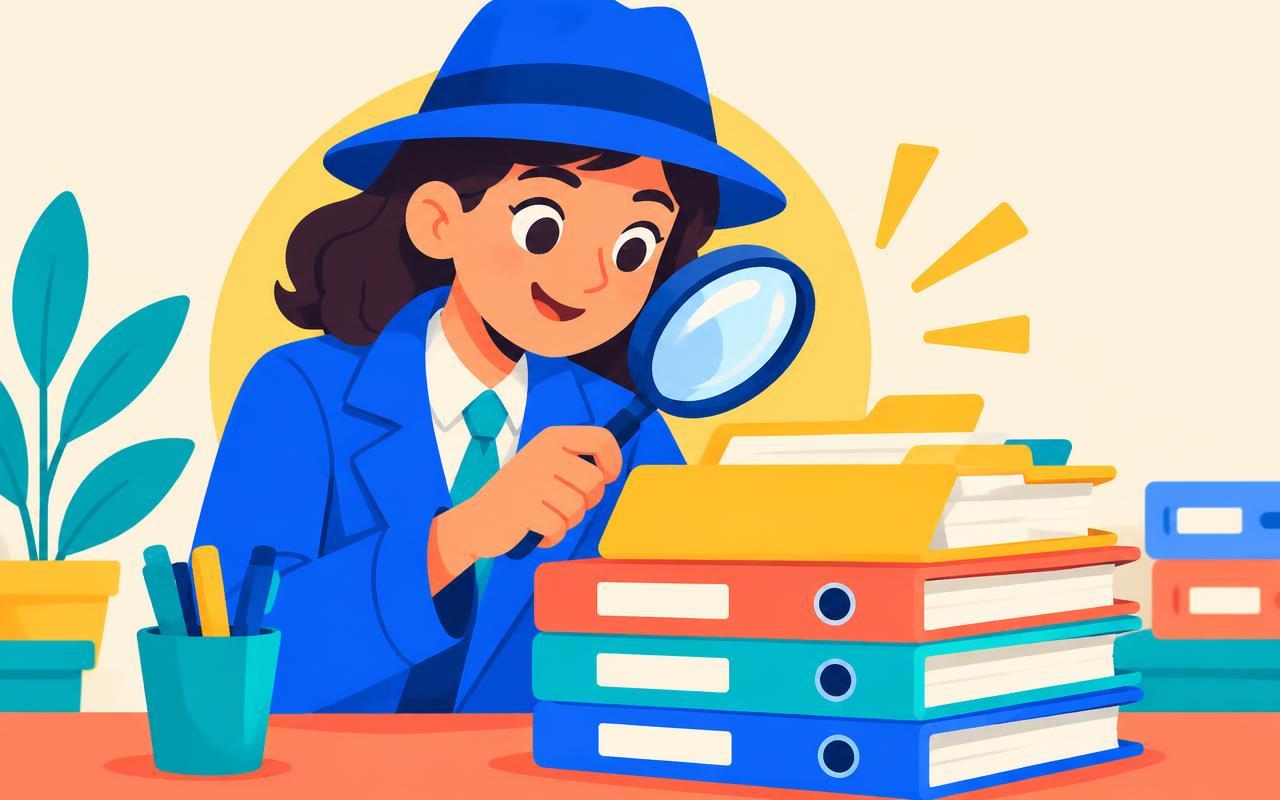 Illustration of a detective with a magnifying glass examining case files, for The Onboarding Detective learning game
